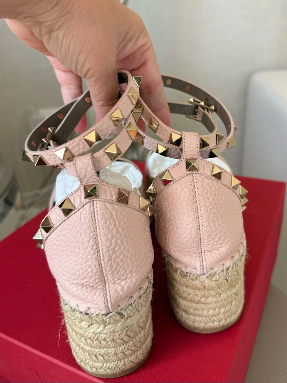 Valentino Garavani Blush Pink Studded Espadrille Platform Sandal